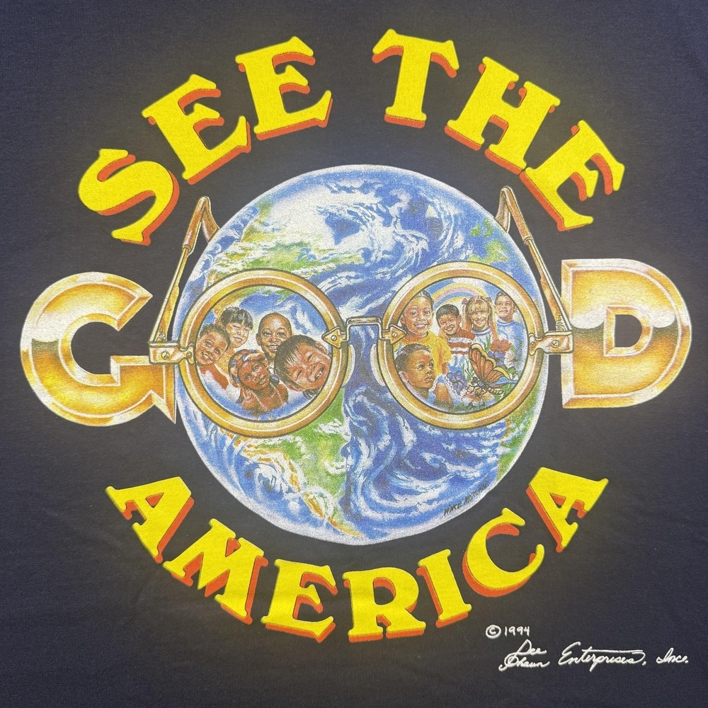Vintage See The Good America Shirt Mens Large Blue Graphic Jerzees 1994 Made USA